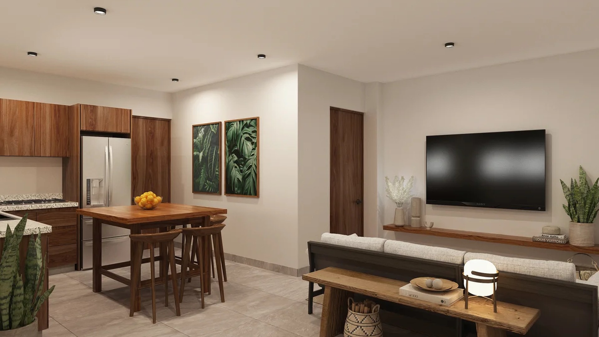 Image of a Open Concept Living, featuring Modern Kitchen and Wood Cabinetry.