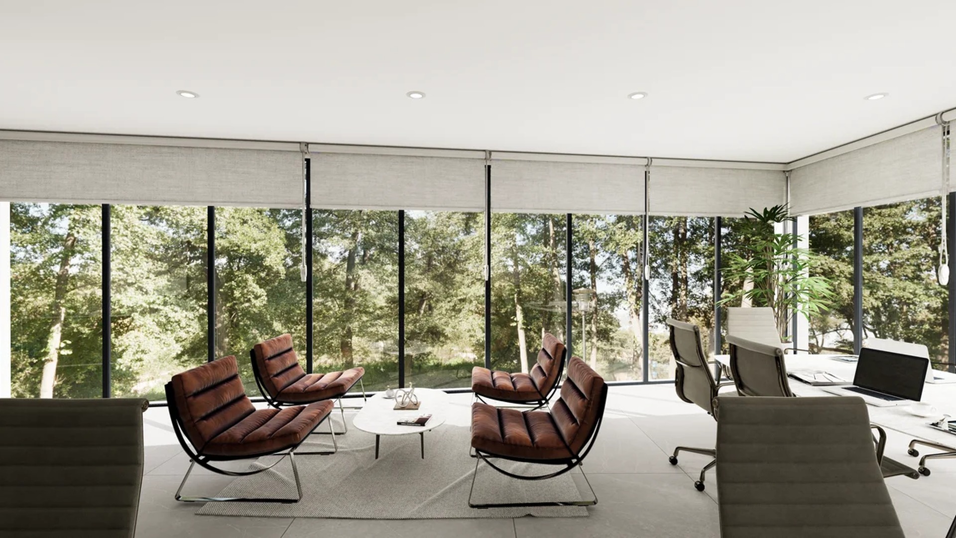 Image of a Modern Office Space, featuring Floor-to-Ceiling Windows and Forest View.