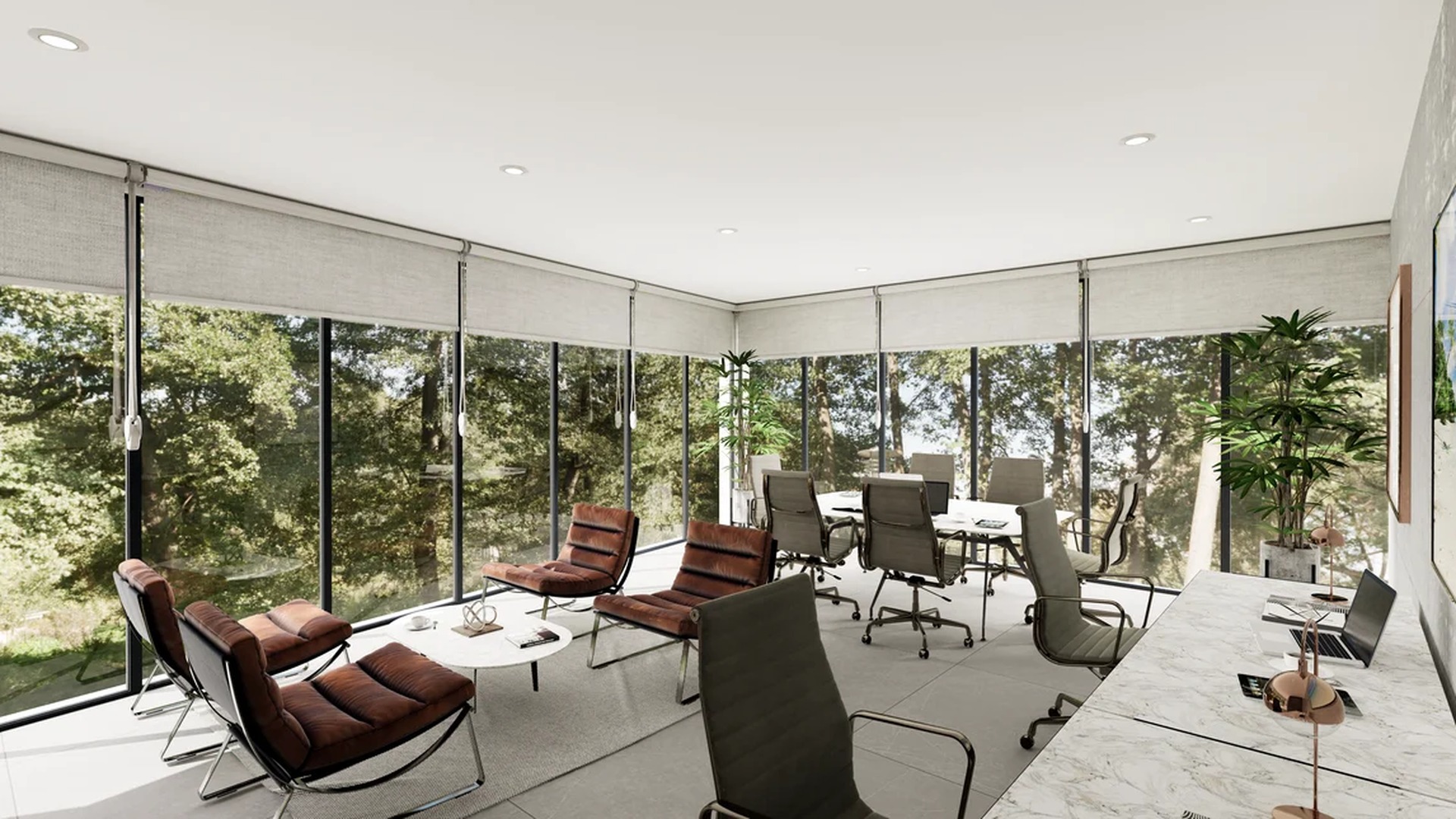 Image of a Conference Room, featuring Floor-to-Ceiling Windows and Forest View.