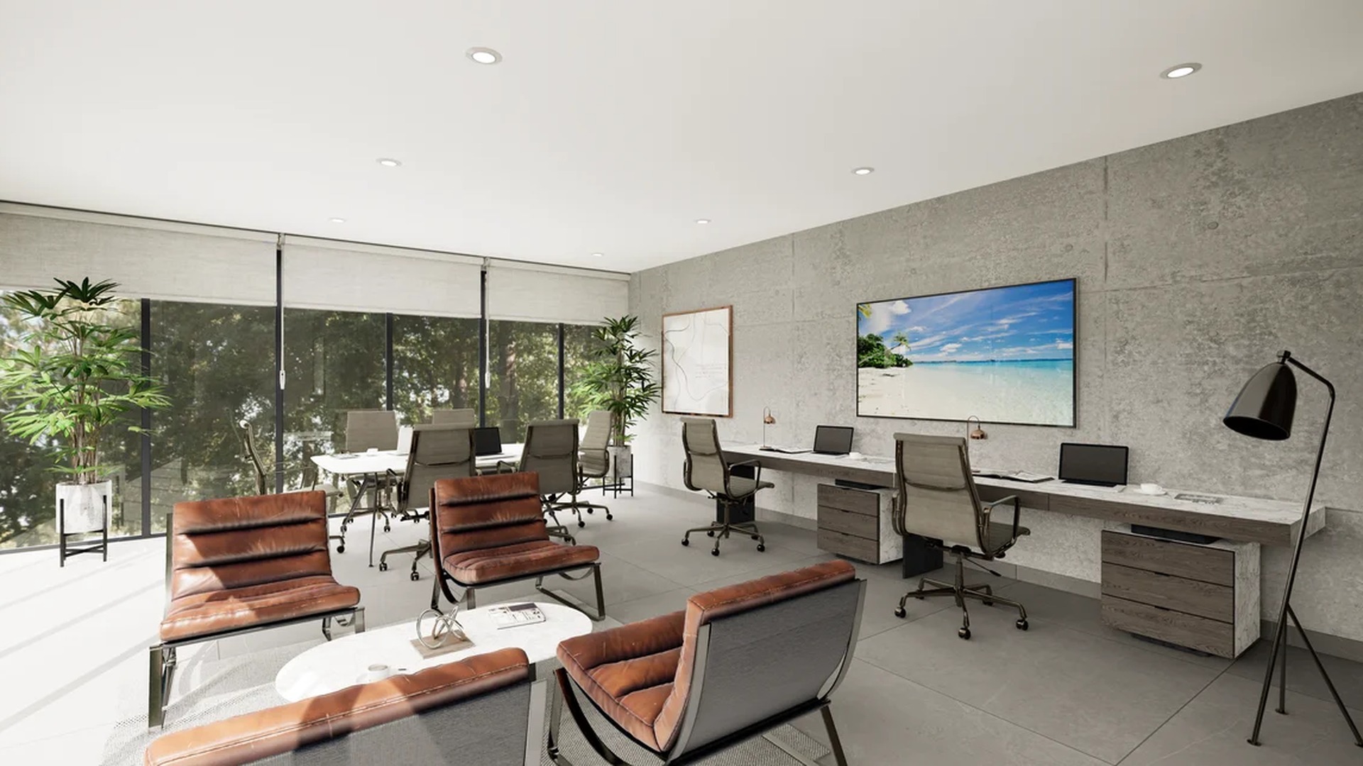 Image of a Coworking Office, featuring Lounge Area and Floor-to-Ceiling Windows.
