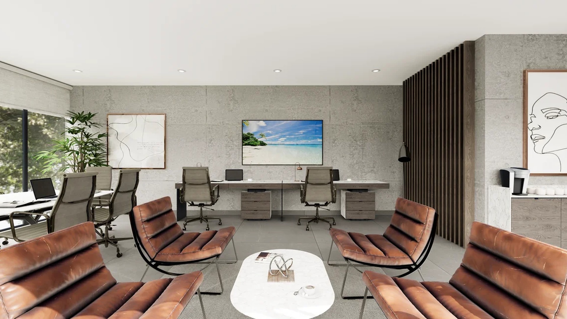 Image of a Modern Office, featuring Lounge Area and Coworking Desks.