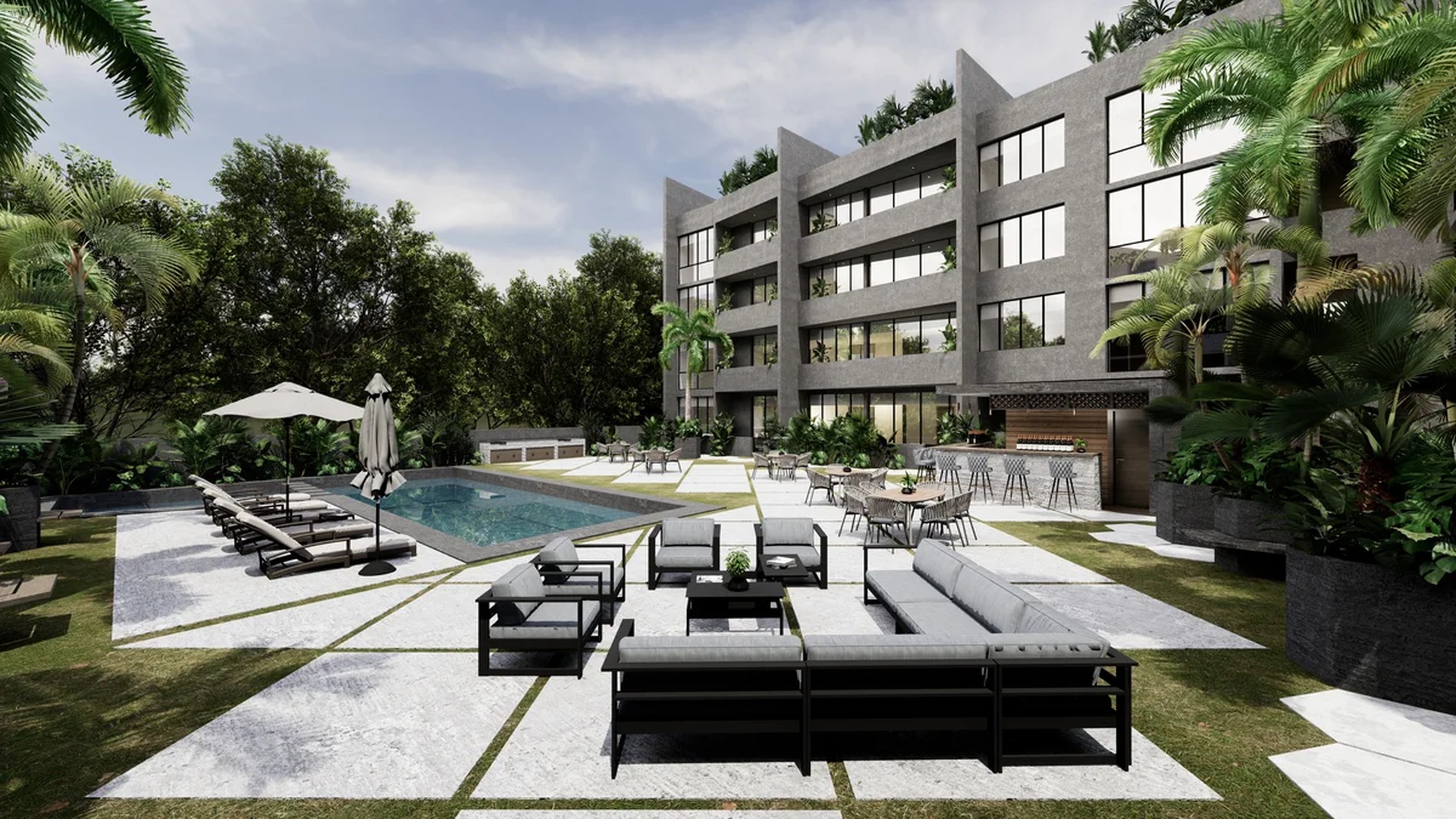 Image of a Resort-Style Pool Area, featuring Lush Tropical Garden and Outdoor Lounge.