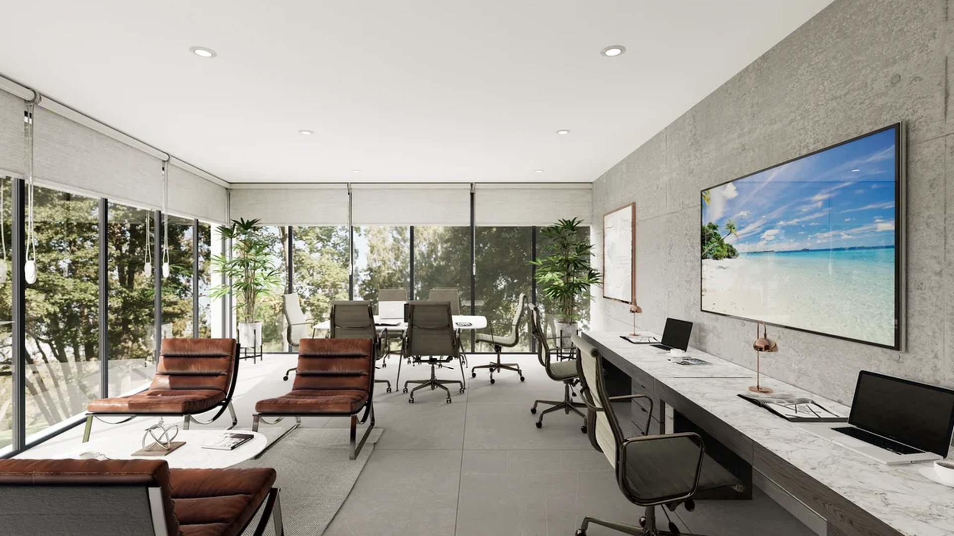 Image of a Business Lounge, featuring Coworking Space and Floor-to-Ceiling Windows.