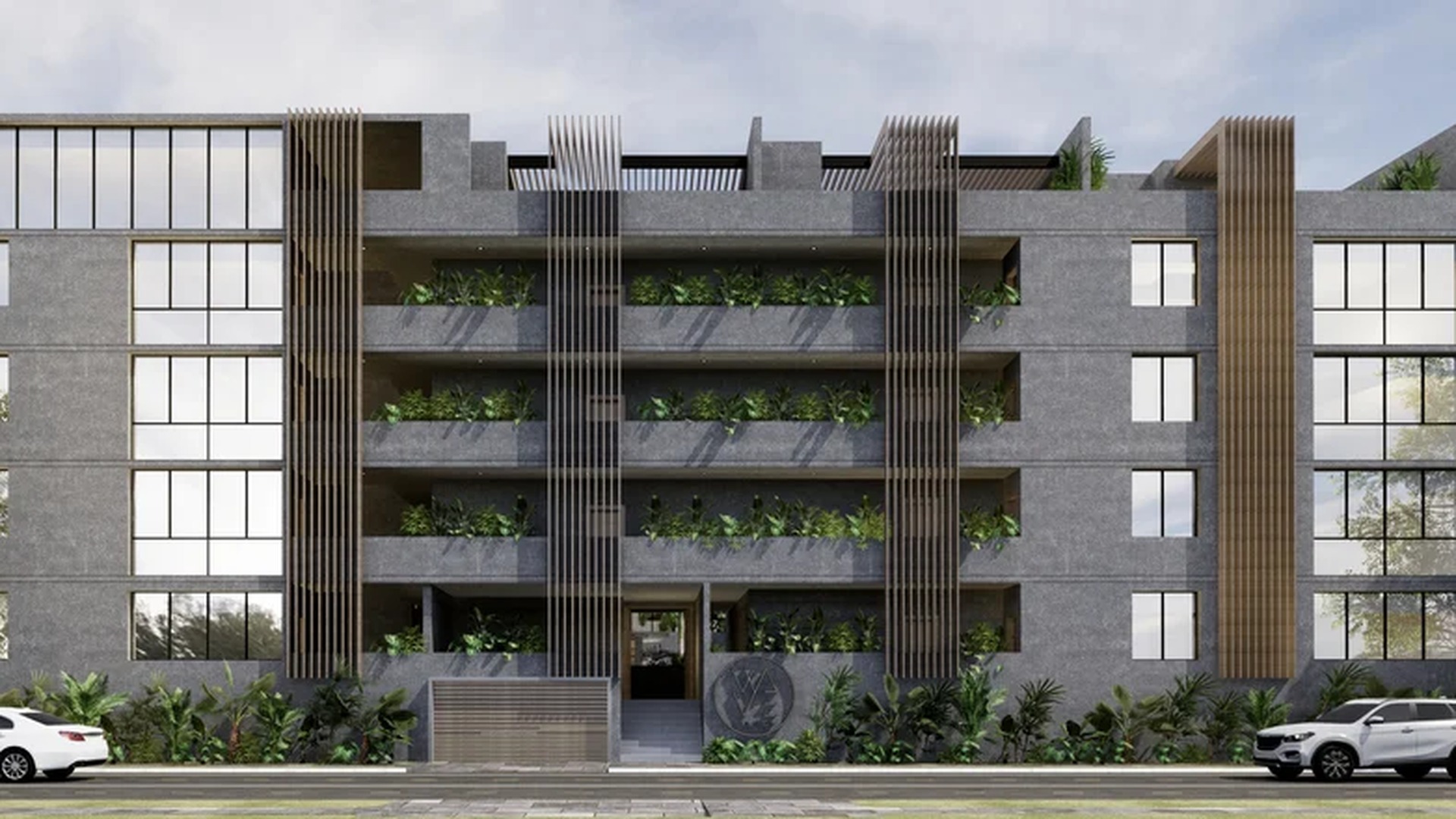 Image of a Modern Architecture, featuring Concrete Facade and Private Balconies.