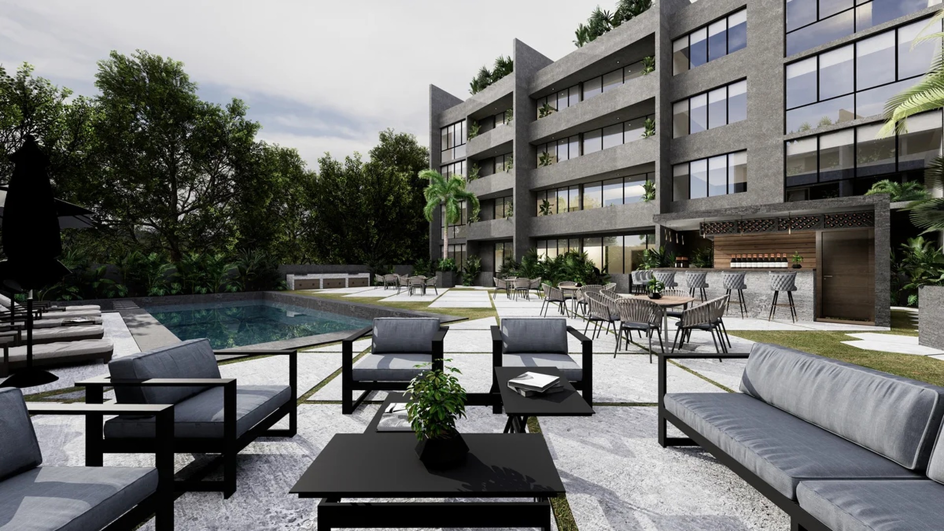 Image of a Outdoor Lounge, featuring Swimming Pool Deck and Modern Architecture.