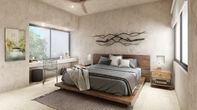 Image of a Primary Bedroom, featuring Rustic Decor and Wabi-Sabi Style.