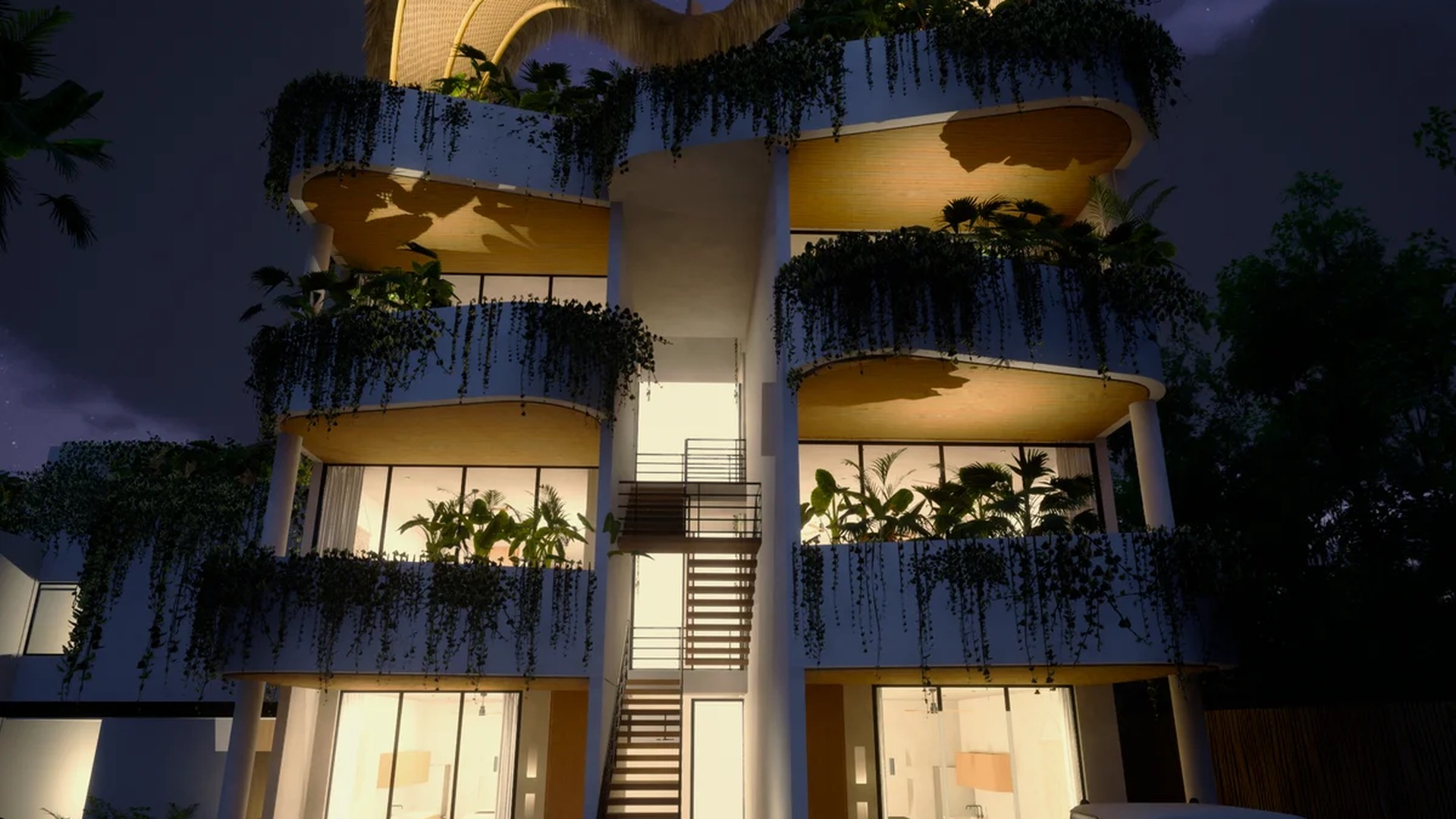 Image of a Tropical Modern Design, featuring Lush Vertical Gardens and Curved Balconies.