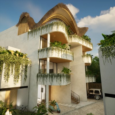 Image of a Tropical Modern Architecture, featuring Biophilic Design and Lush Balcony Gardens.
