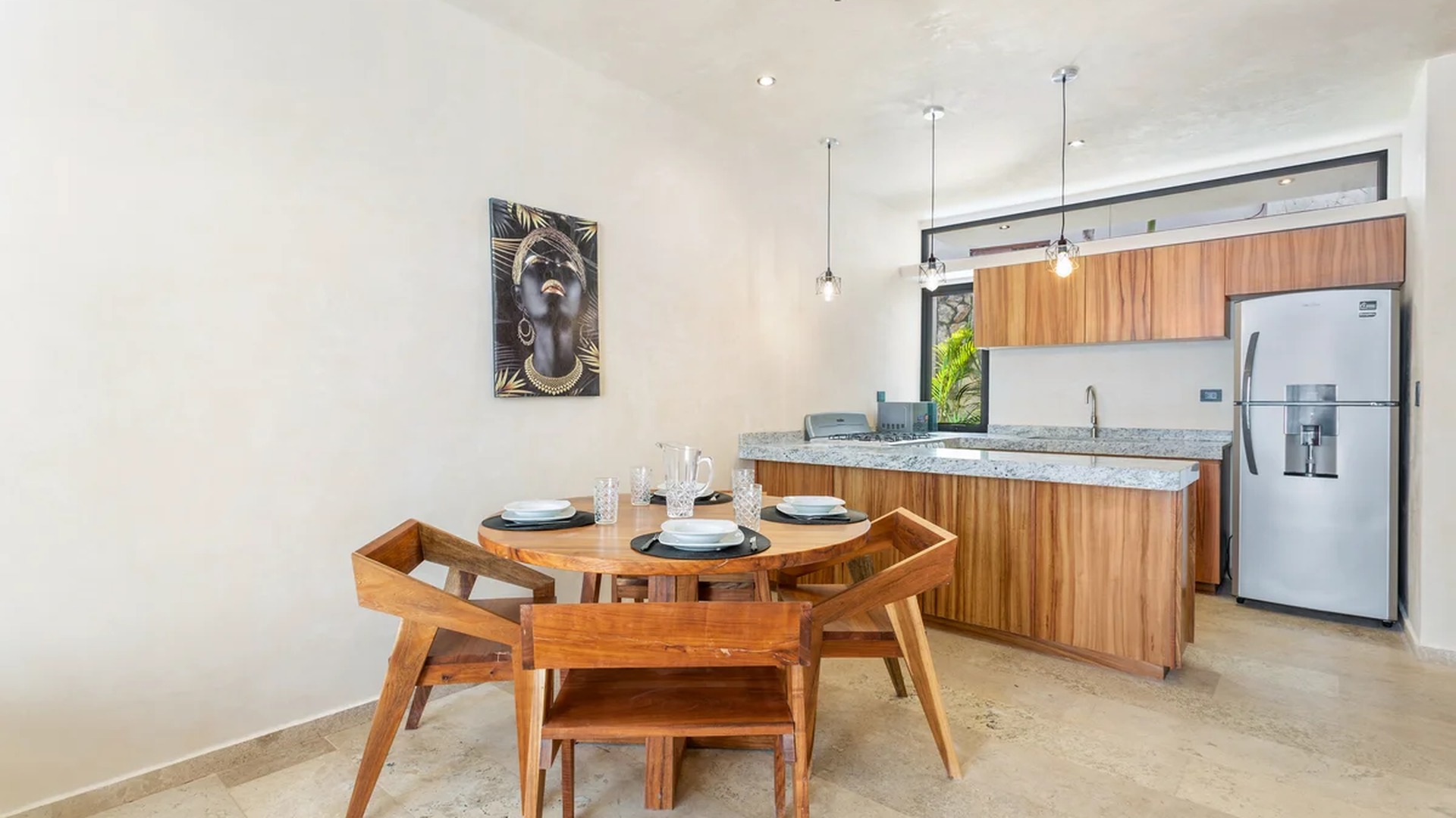 Image of a Dining Area, featuring Modern Kitchen and Granite Countertops.