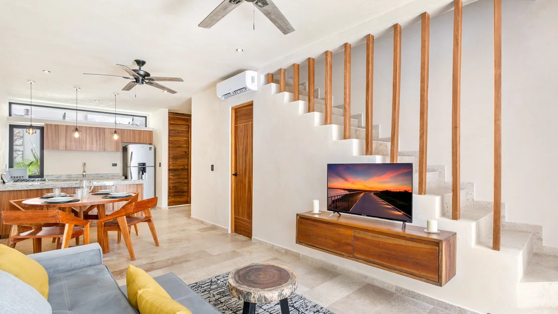 Image of a Open Concept Living, featuring Modern Kitchen and Stone Tile Flooring.
