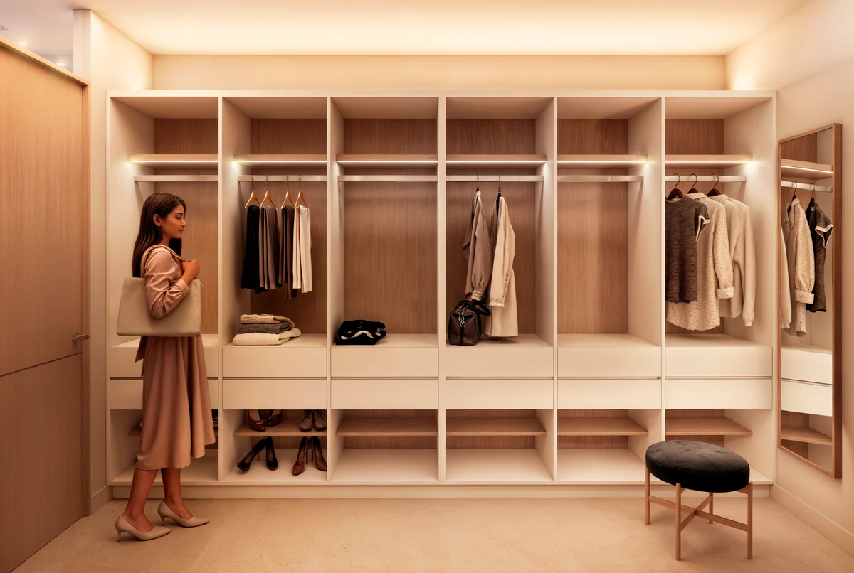 Image of a Walk-In Closet, featuring Spacious Dressing Room and Built-in Wardrobe.