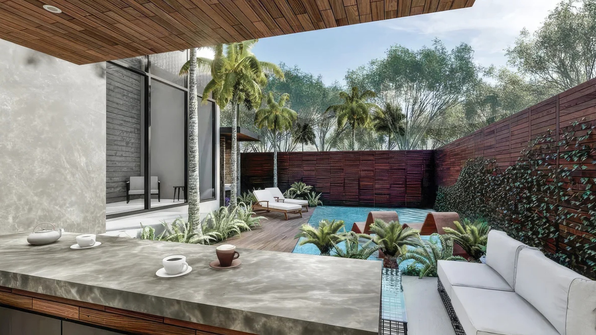 Image of a Private Pool, featuring Indoor-Outdoor Living and Wood Plank Ceiling.