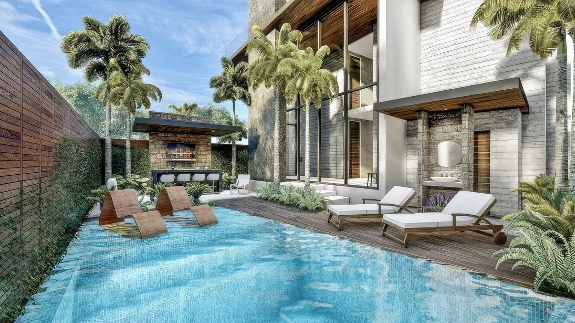 Image of a Private Pool, featuring Poolside Bar and Wooden Deck.