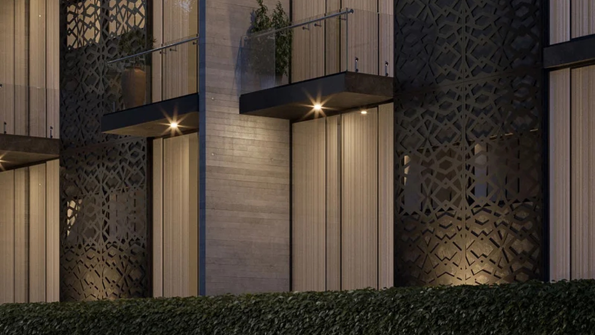 Image of a Modern Architecture, featuring Private Balconies and Architectural Lighting.