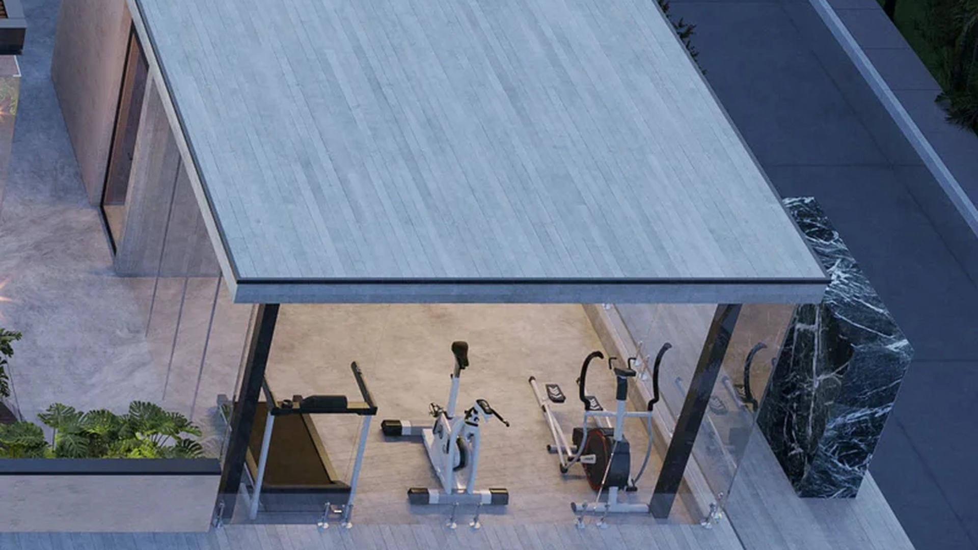 Image of a Home Gym, featuring Modern Architecture and Floor-to-Ceiling Windows.