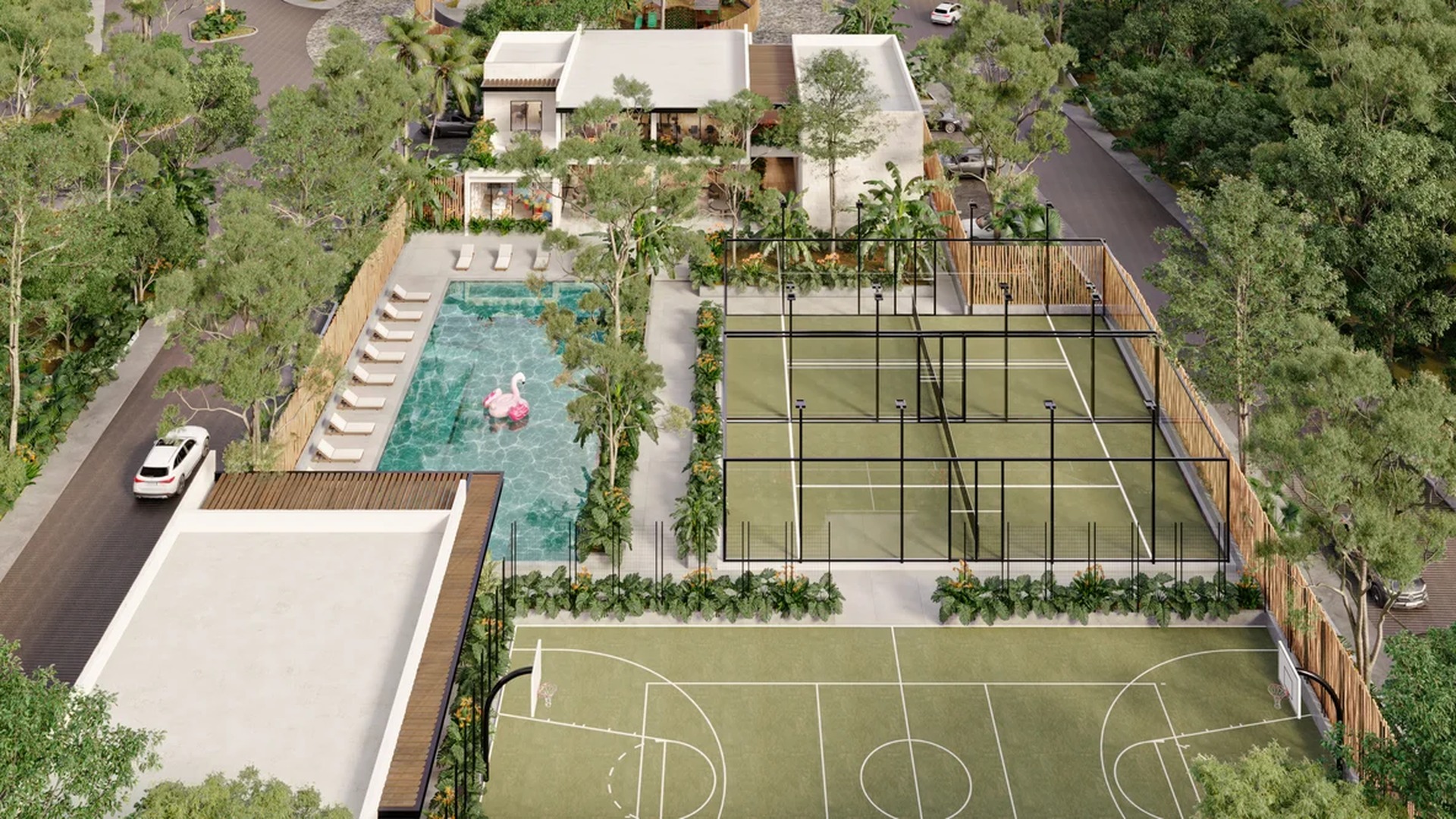 Image of a Resort-Style Pool, featuring Padel Courts and Basketball Court.