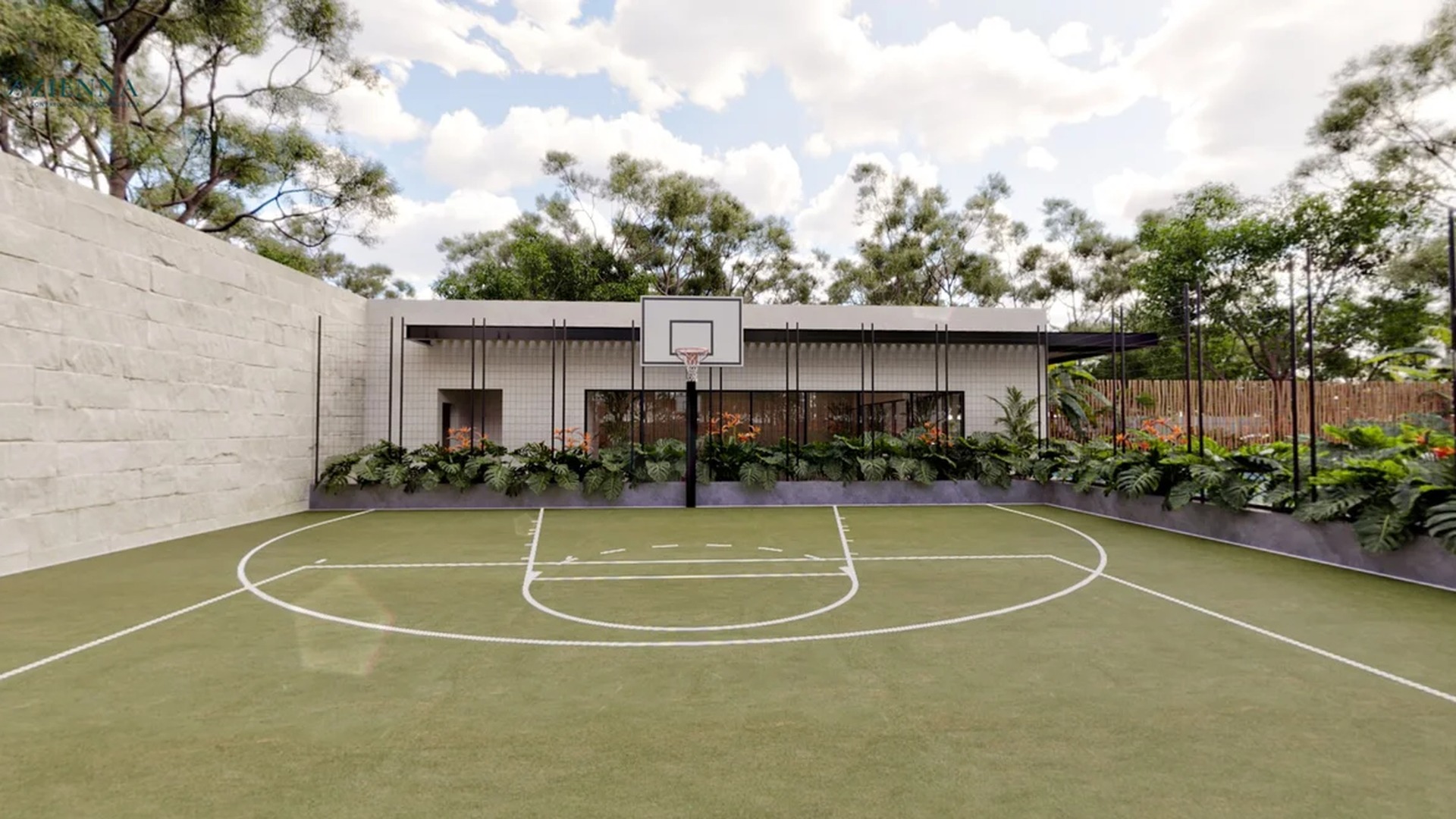 Image of a Basketball Court, featuring Outdoor Sports Court and Lush Landscaping.