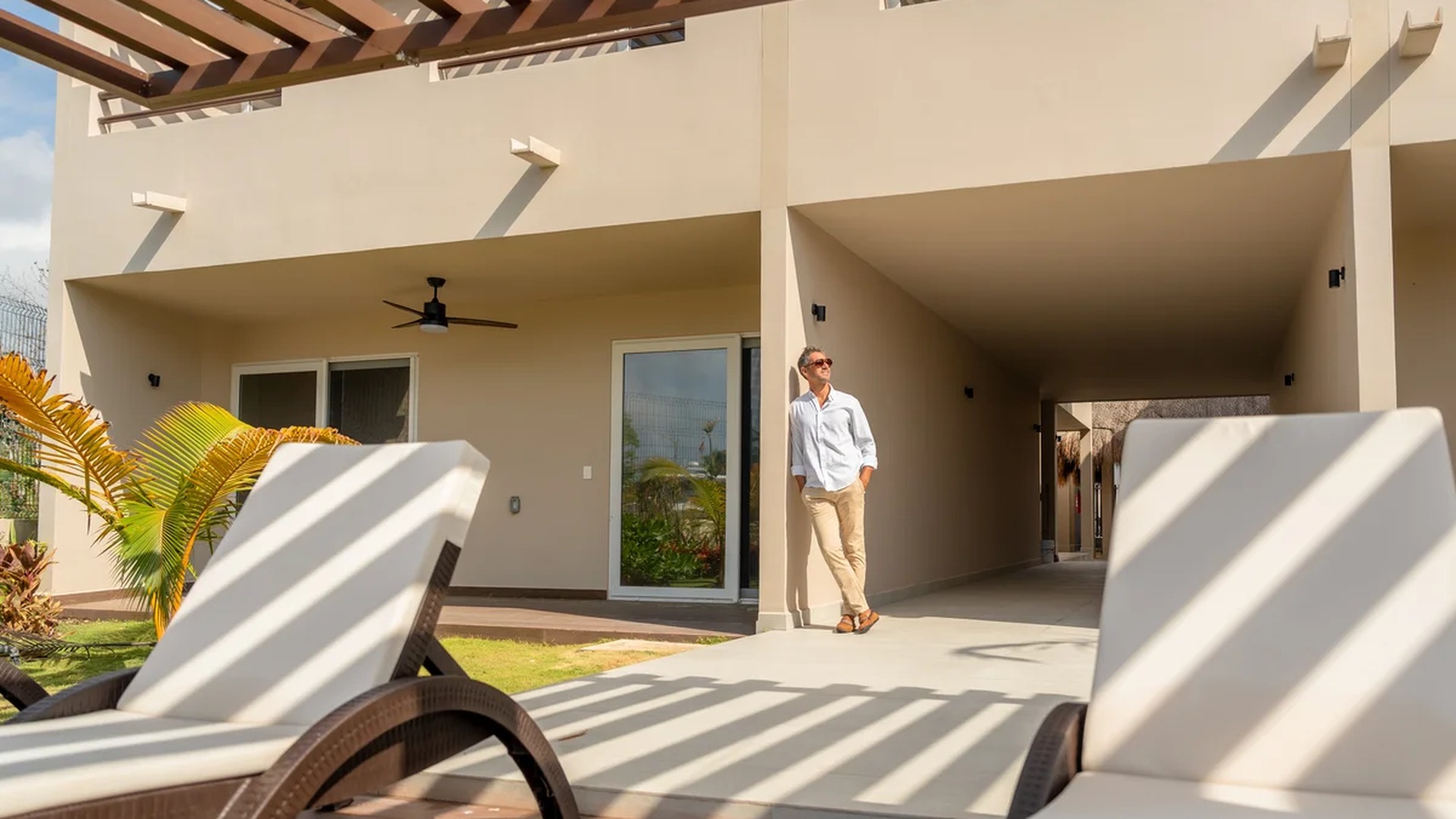 Image of a Covered Patio, featuring Wooden Pergola and Sundeck.