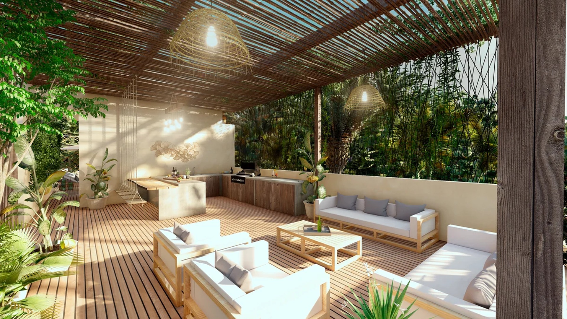 Image of a Spacious Terrace, featuring Outdoor Kitchen and Wood Decking.