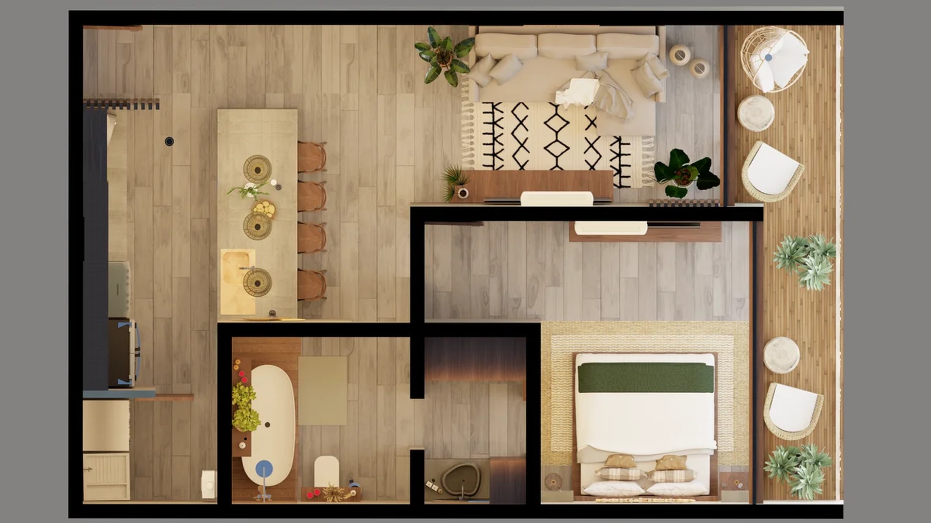 Image of a Open-Concept Floor Plan, featuring Private Balcony and Wood-Look Flooring.