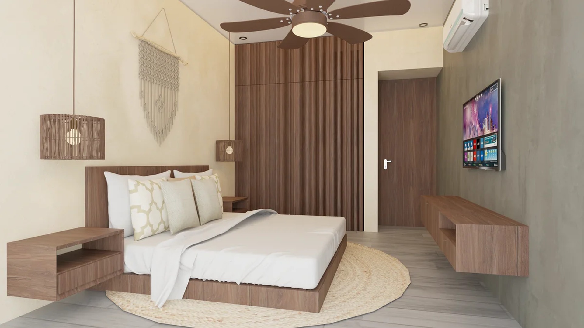 Image of a Modern Bedroom, featuring Wood Furnishings and Bohemian Decor.