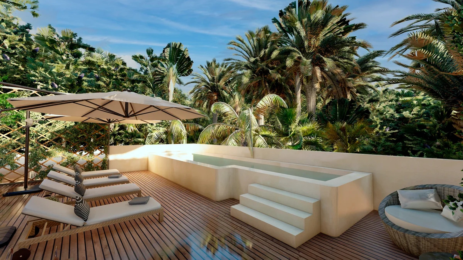 Image of a Private Rooftop Terrace, featuring Plunge Pool and Wooden Sundeck.
