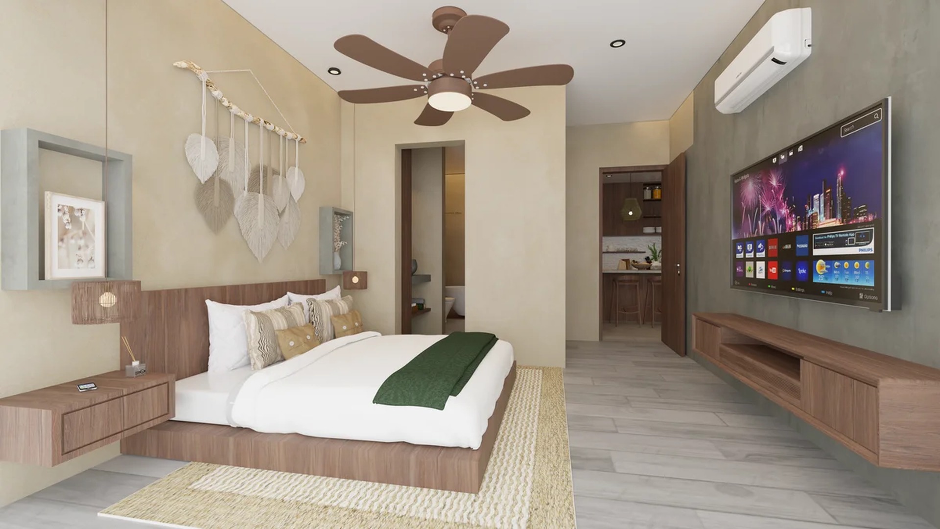 Image of a Bedroom Suite, featuring Bohemian Decor and Natural Wood Finishes.