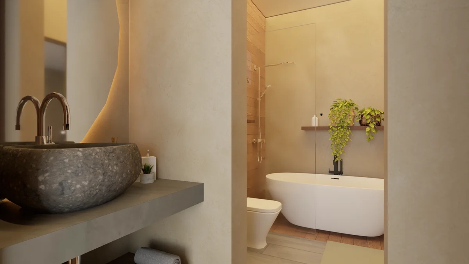 Image of a Modern Bathroom, featuring Stone Vessel Sink and Freestanding Bathtub.