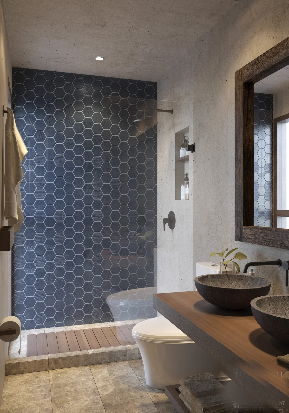 Image of a Modern Bathroom, featuring Walk-In Shower and Hexagonal Tile Wall.