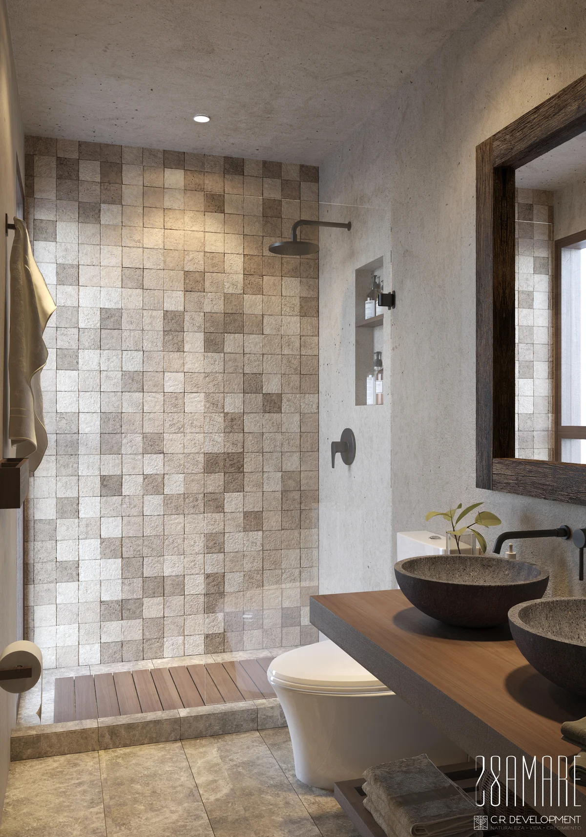 Image of a Modern Bathroom, featuring Walk-in Shower and Stone Vessel Sinks.