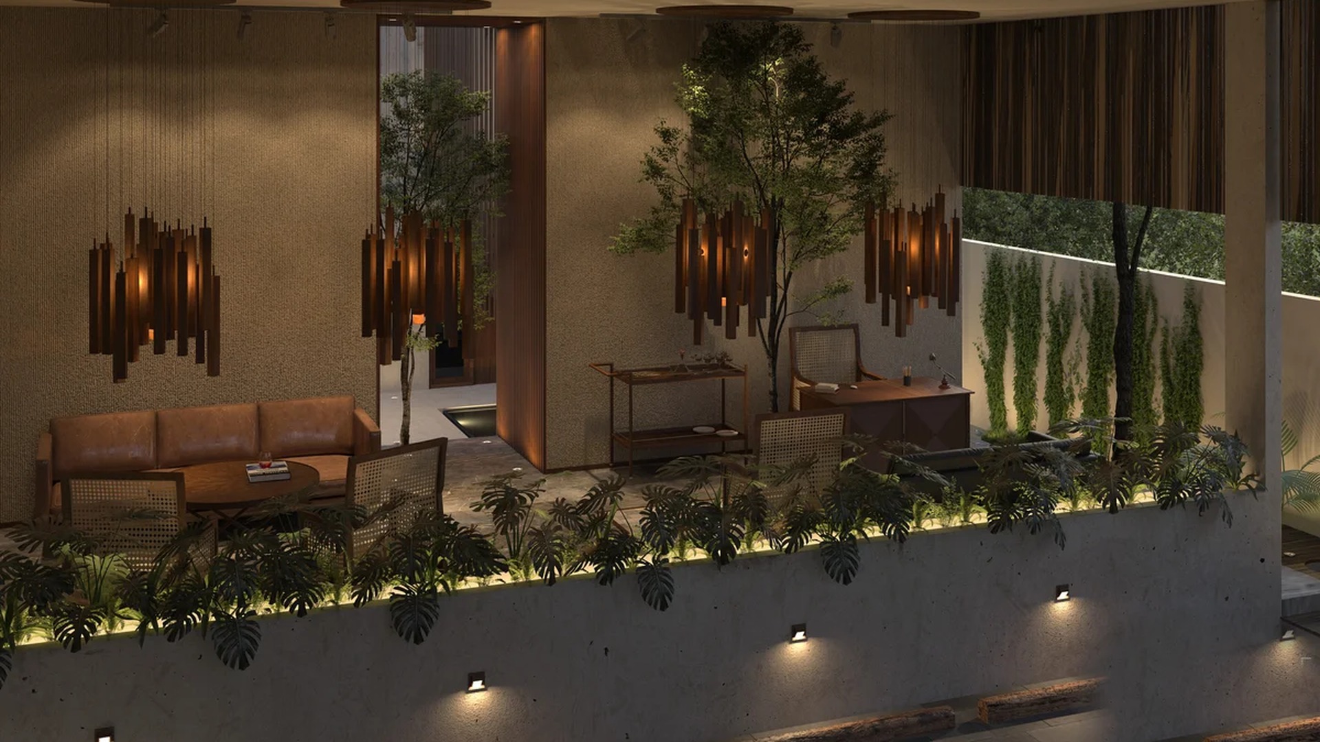 Image of a Covered Lounge, featuring Indoor Greenery and Modern Rustic Design.