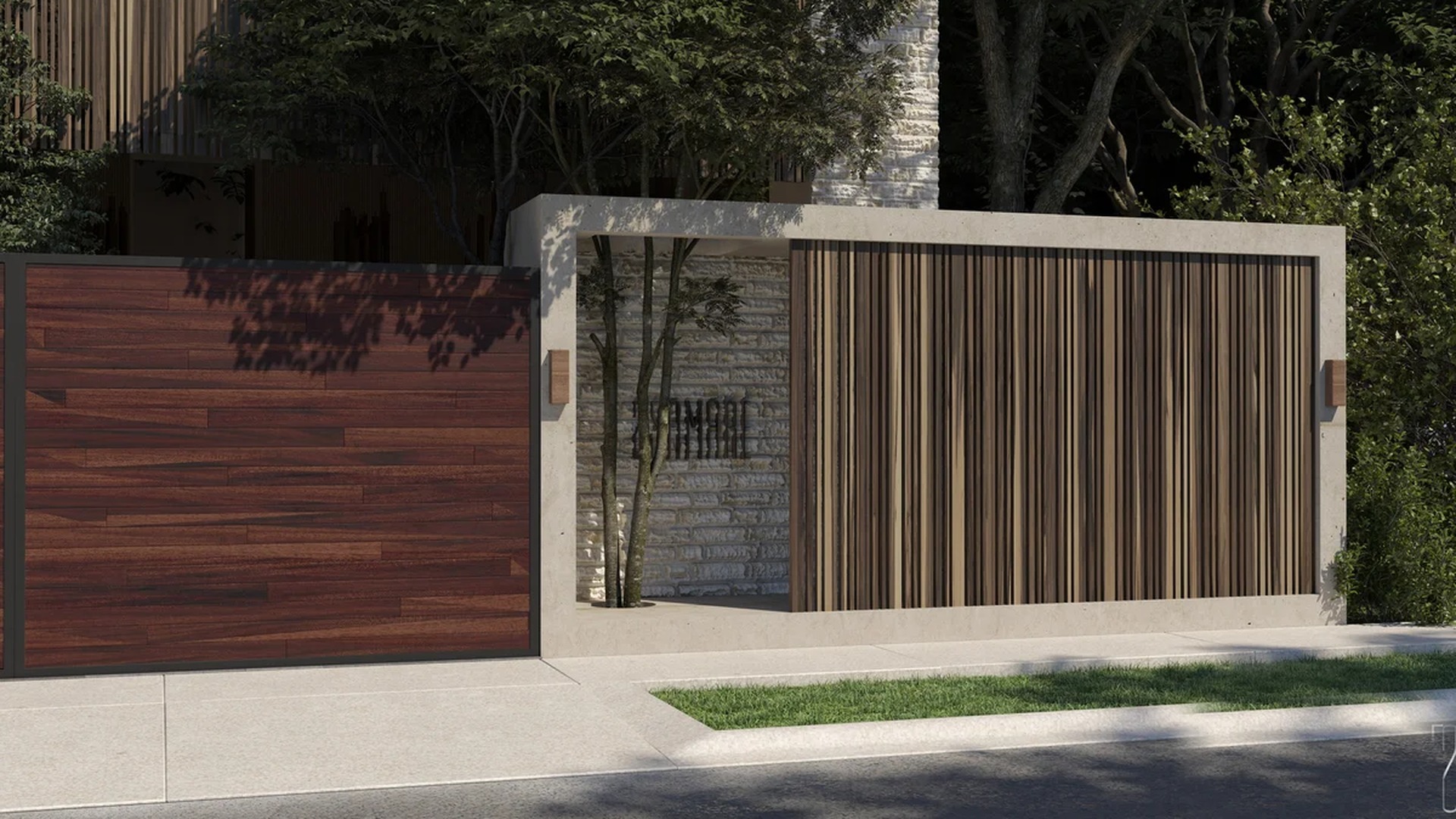 Image of a Modern Architecture, featuring Private Entrance and Wood Slat Facade.