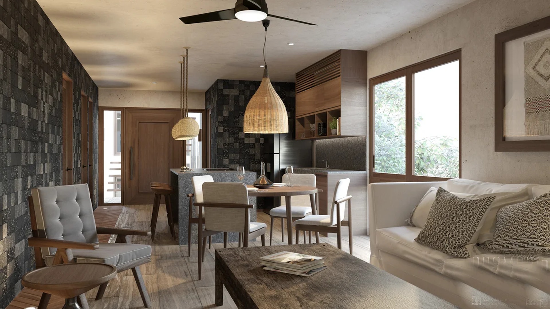 Image of a Open Concept Living, featuring Stone Accent Wall and Rustic Modern Design.