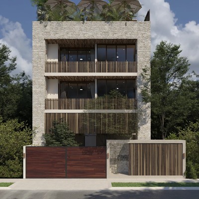 Image of a Modern Architecture, featuring Stone Facade and Private Balconies.