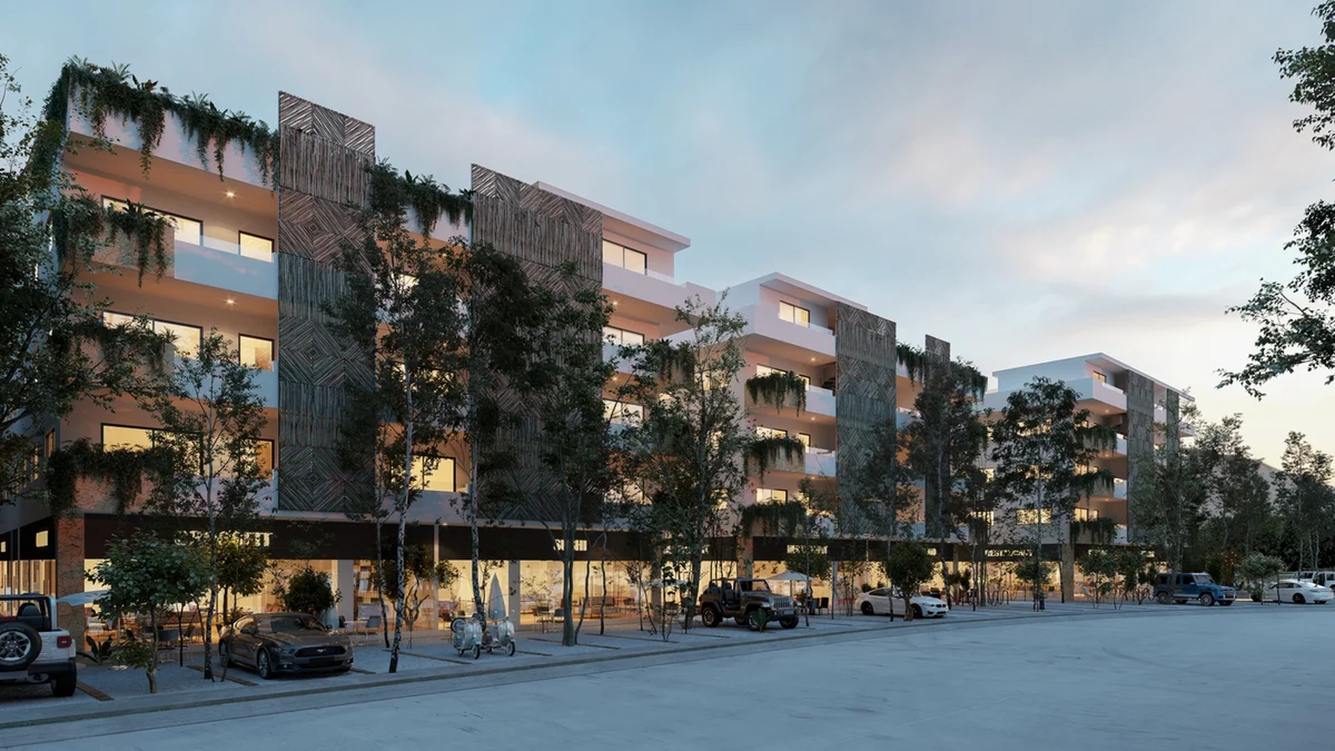 Image of a Modern Apartment Building, featuring Wood-Accented Facade and Private Balconies.