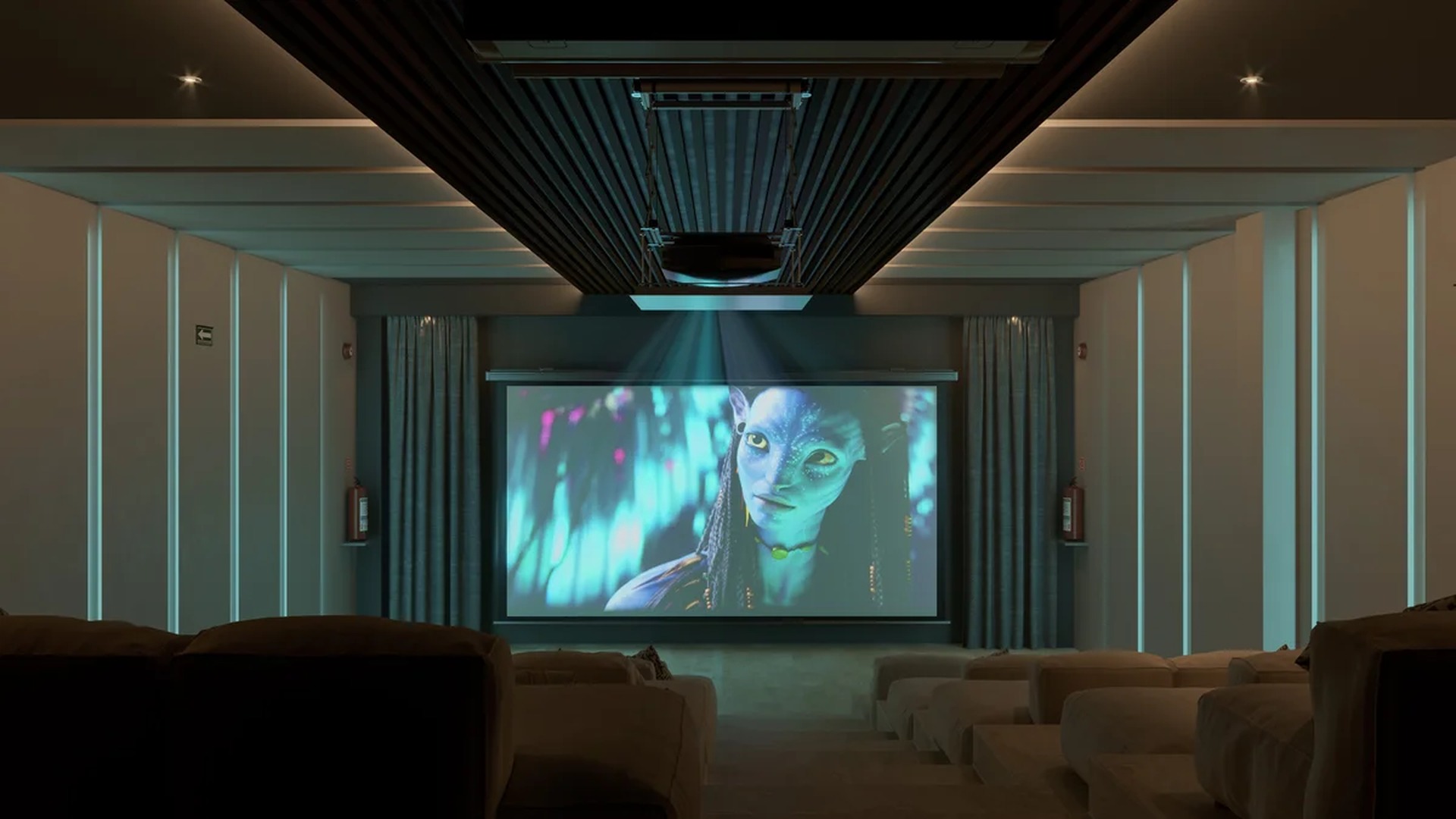 Image of a Private Cinema, featuring Home Theater and Tiered Theater Seating.