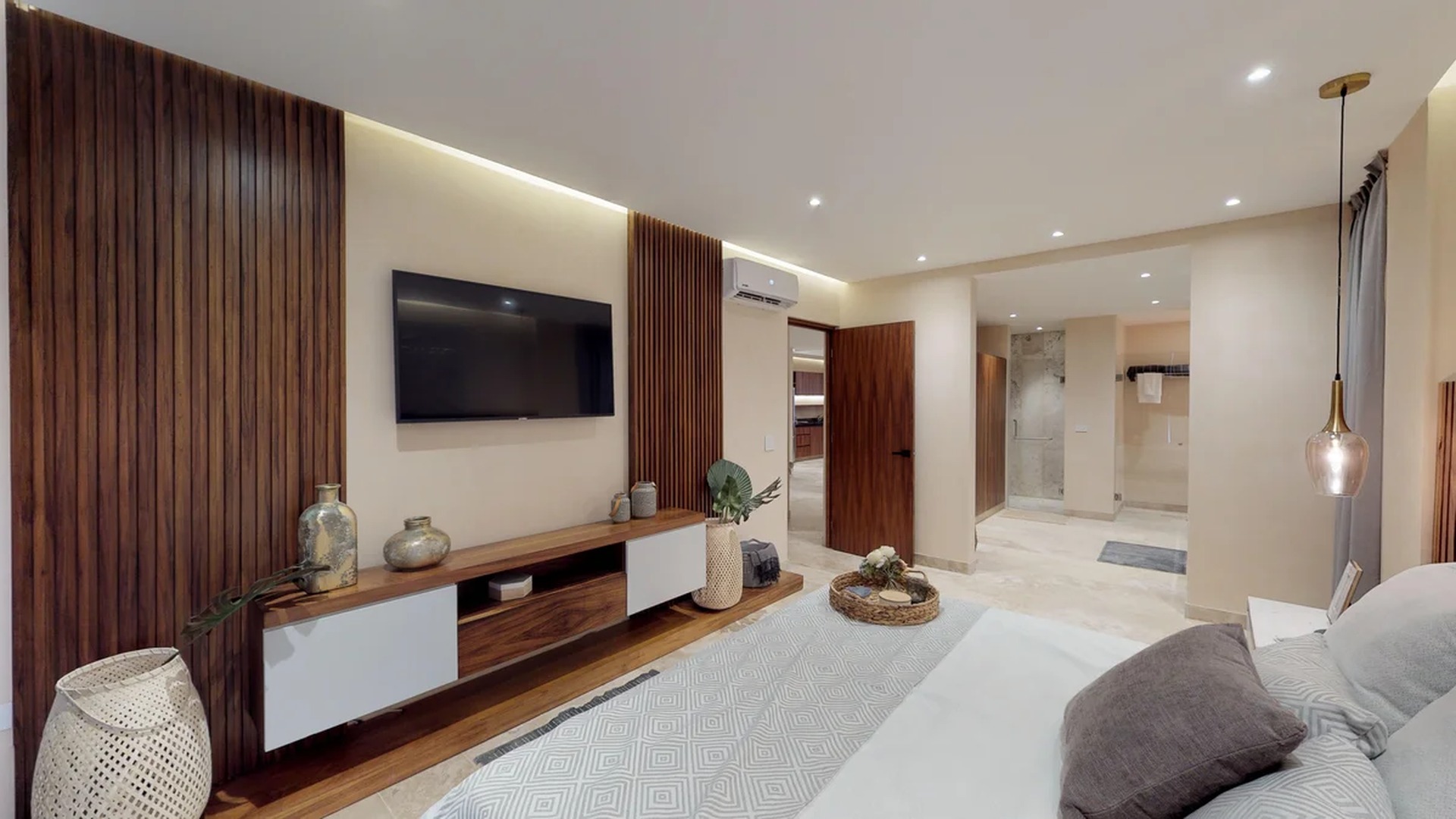 Image of a Master Bedroom, featuring En-suite Bathroom and Wood Slat Accent Wall.
