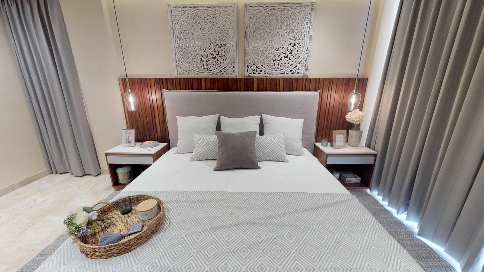 Image of a Master Bedroom, featuring Contemporary Design and Wood Accent Headboard.