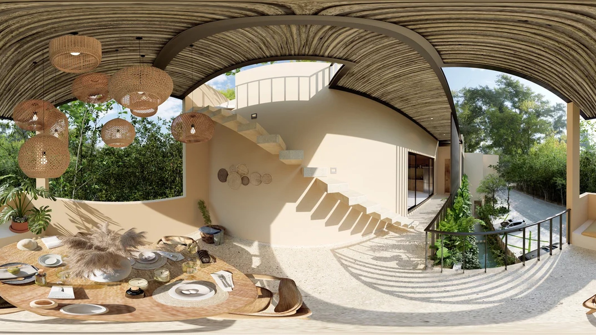 Image of a Spacious Terrace, featuring Outdoor Dining Area and Curved Wooden Ceiling.