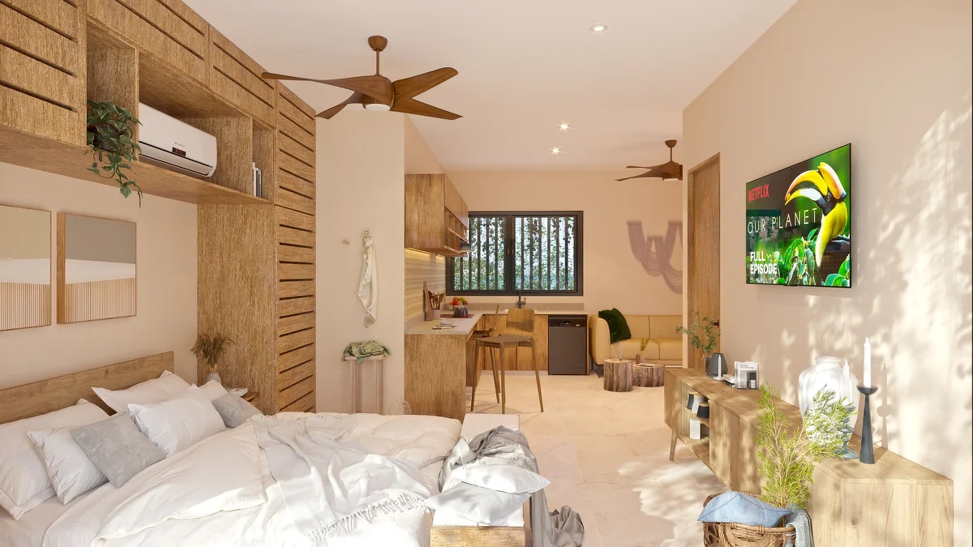 Image of a Studio Apartment, featuring Open Concept Layout and Custom Wood Cabinetry.