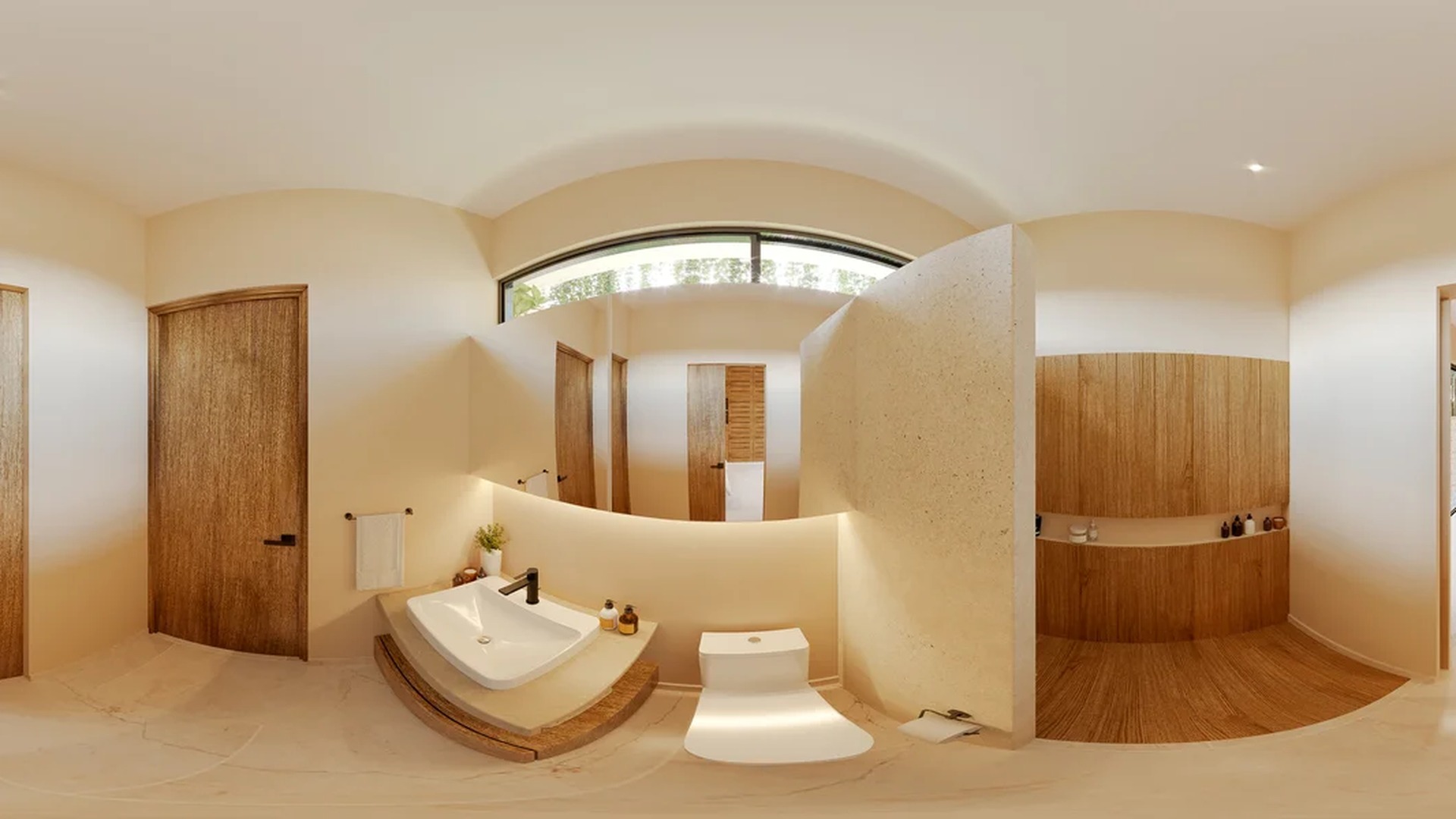 Image of a Modern Bathroom, featuring Vessel Sink and Curved Walls.