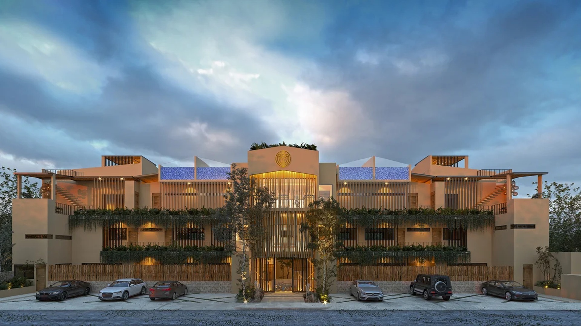 Image of a Modern Tropical Architecture, featuring Rooftop Pools and Lush Vertical Gardens.