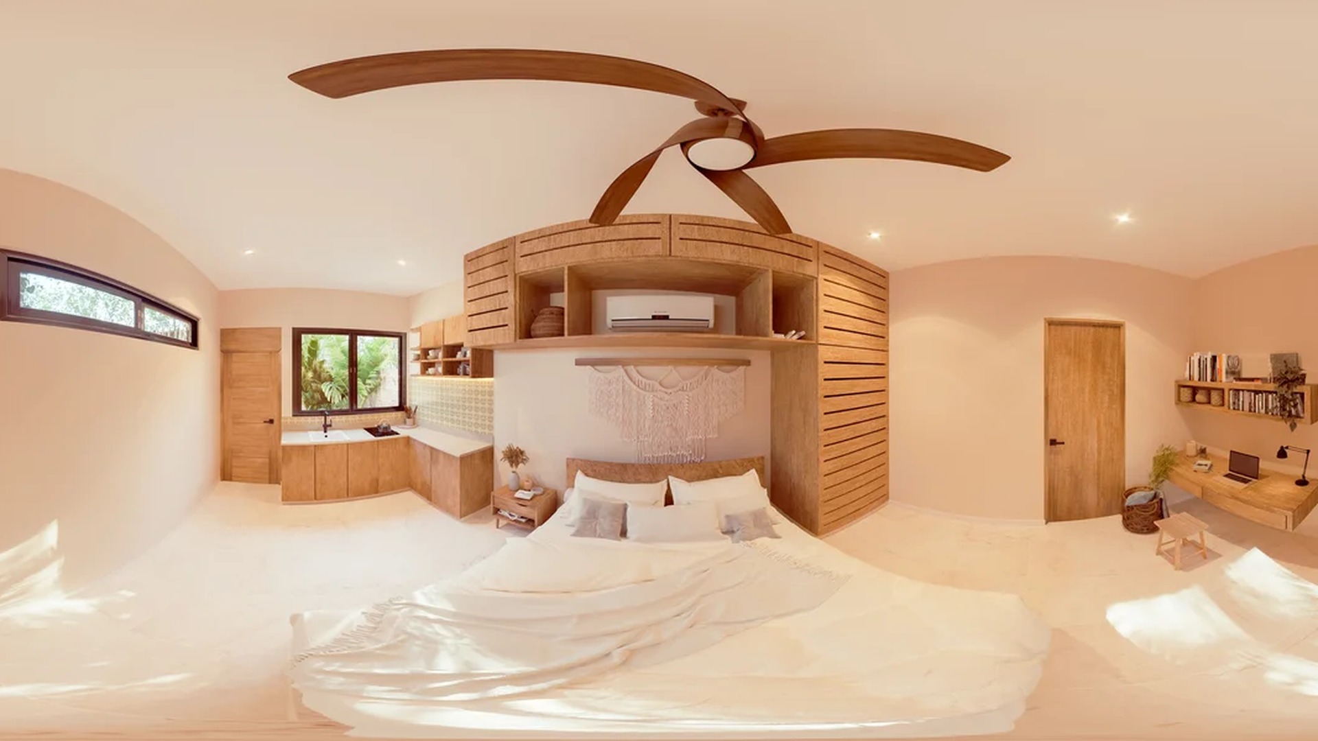 Image of a Studio Bedroom, featuring Custom Woodwork and Kitchenette.