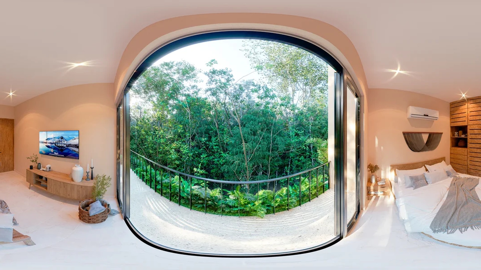 Image of a Bedroom Suite, featuring Curved Balcony and Jungle View.