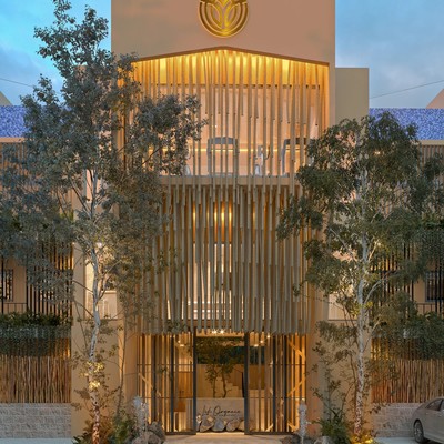 Image of a Modern Architecture, featuring Wooden Louver Facade and Designer Lobby.