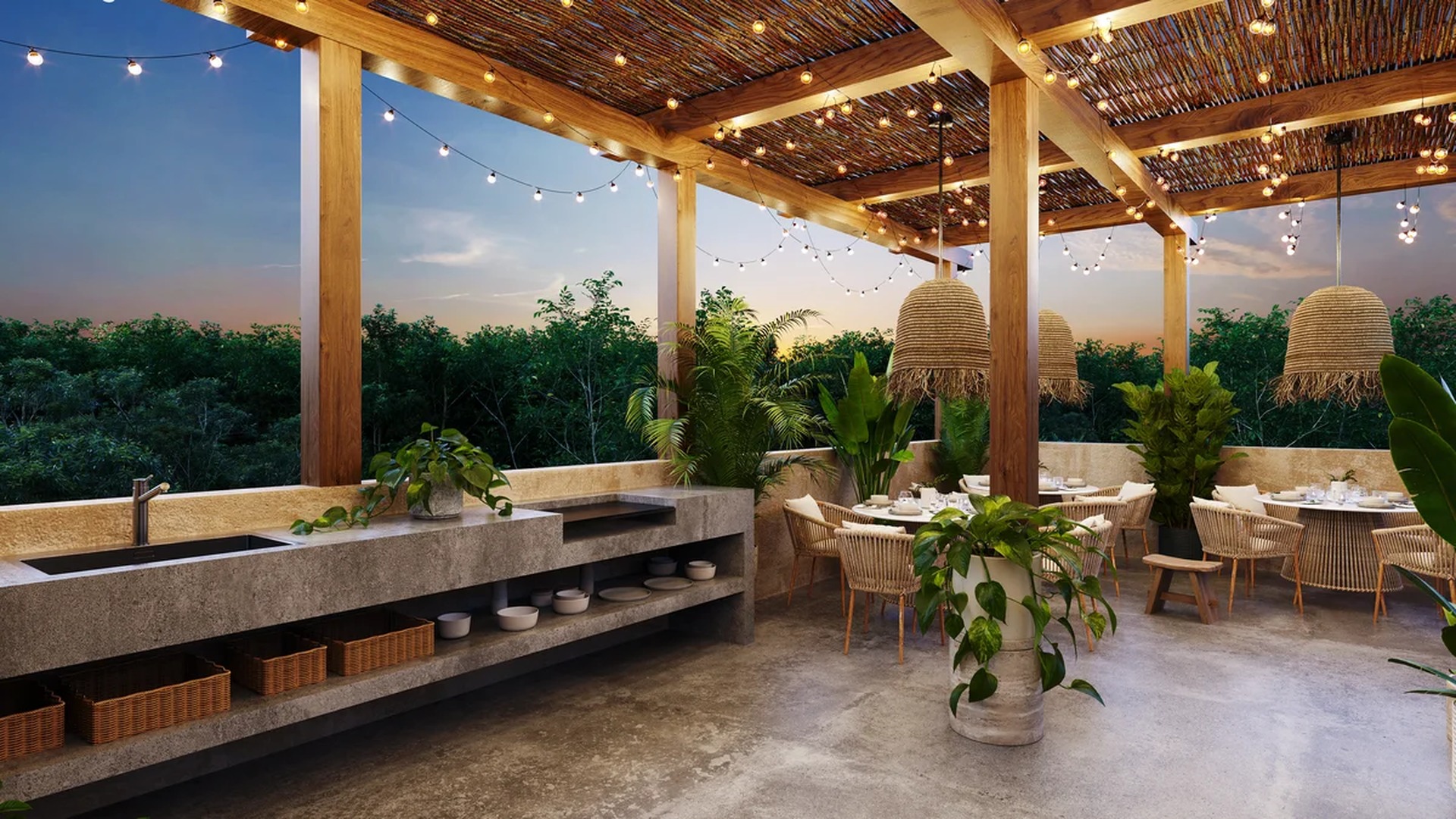Image of a Rooftop Dining Area, featuring Covered Terrace and Outdoor Kitchen.