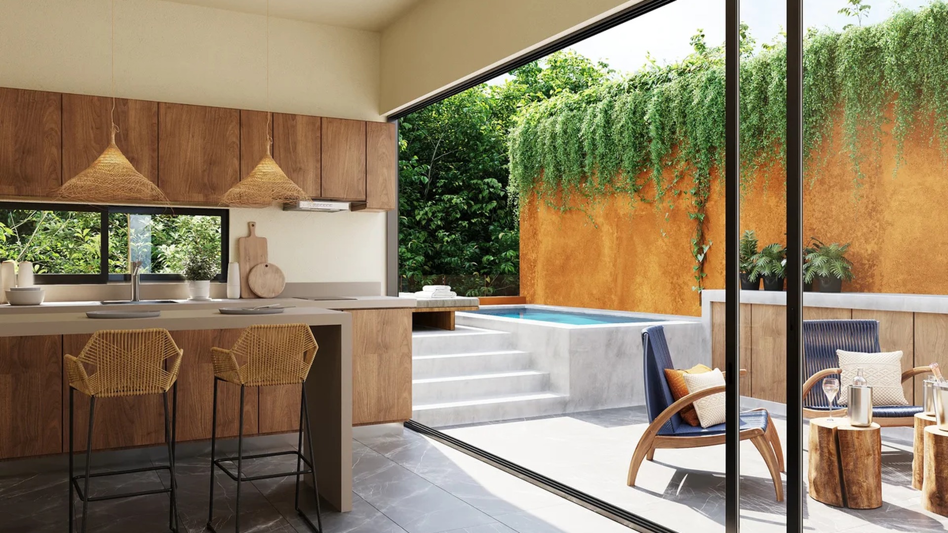 Image of a Indoor-Outdoor Living, featuring Modern Kitchen and Plunge Pool.