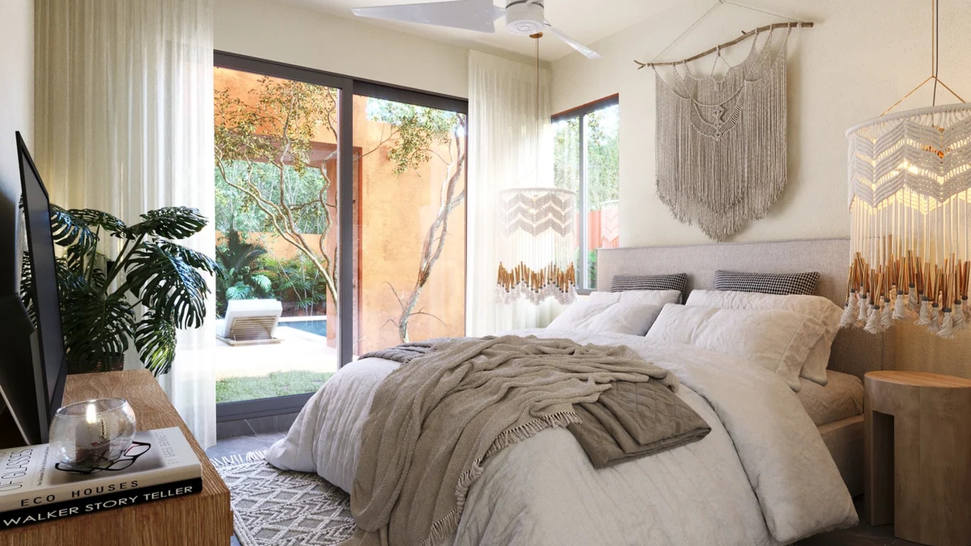 Image of a Primary Bedroom, featuring Bohemian Decor and Garden View.