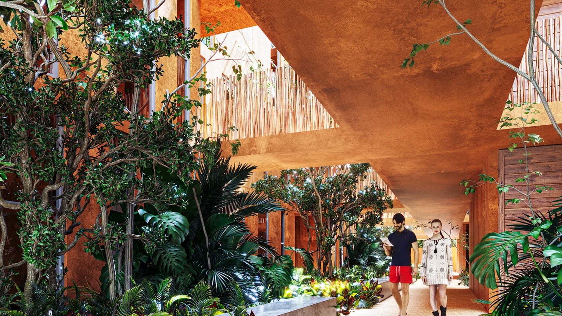 Image of a Lush Garden Courtyard, featuring Tropical Landscaping and Terracotta Architecture.