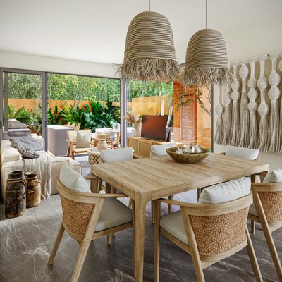 Image of a Dining Area, featuring Indoor-Outdoor Living and Marble Tiled Floors.